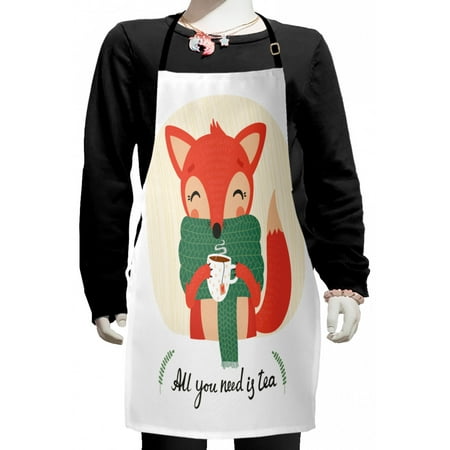 

Winter Kids Apron Doodle Fox Drinking Tea with All You Need is Tea Calligraphy Cold Climate Boys Girls Apron Bib with Adjustable Ties for Cooking Baking Painting Multicolor by Ambesonne