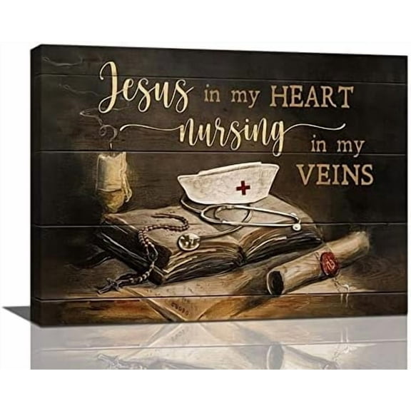 Nurse Office Decor Wall Art Christian Medical Stethoscope Nurse Cap Pictures Wall Decor Motivational Quotes Canvas Prints Framed Artwork For Office Bedroom Living Room 16"x12"