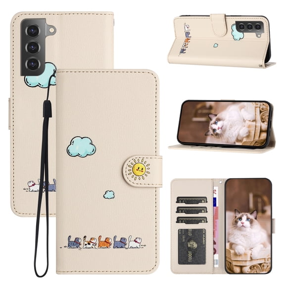 for Samsung Galaxy S21 Plus Lovely Cartoon Pattern Wallet Flip PU Leather Case, with Wrist Strap / Credit Card Slots / Photo Slot / Cash Pocket Kickstand Cute Phone Cover for Galaxy S21 Plus, Beige