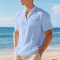 thumbnail image 2 of Cotton Linen Henley Shirts for Men Short Sleeve Shirts Casual Mens Summer Beach Shirt with Pocket Light Blue, 2 of 9