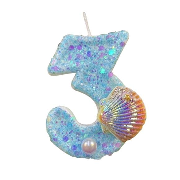 Ocean Cake Topper, Blue Mermaid Sequins Shell Birthday Candles,Mermaid Birthday Candles,Happy Birthday Candles for Cake,Mermaid Themed Birthday Cake Topper Anniversary Party Decorations, Number 3