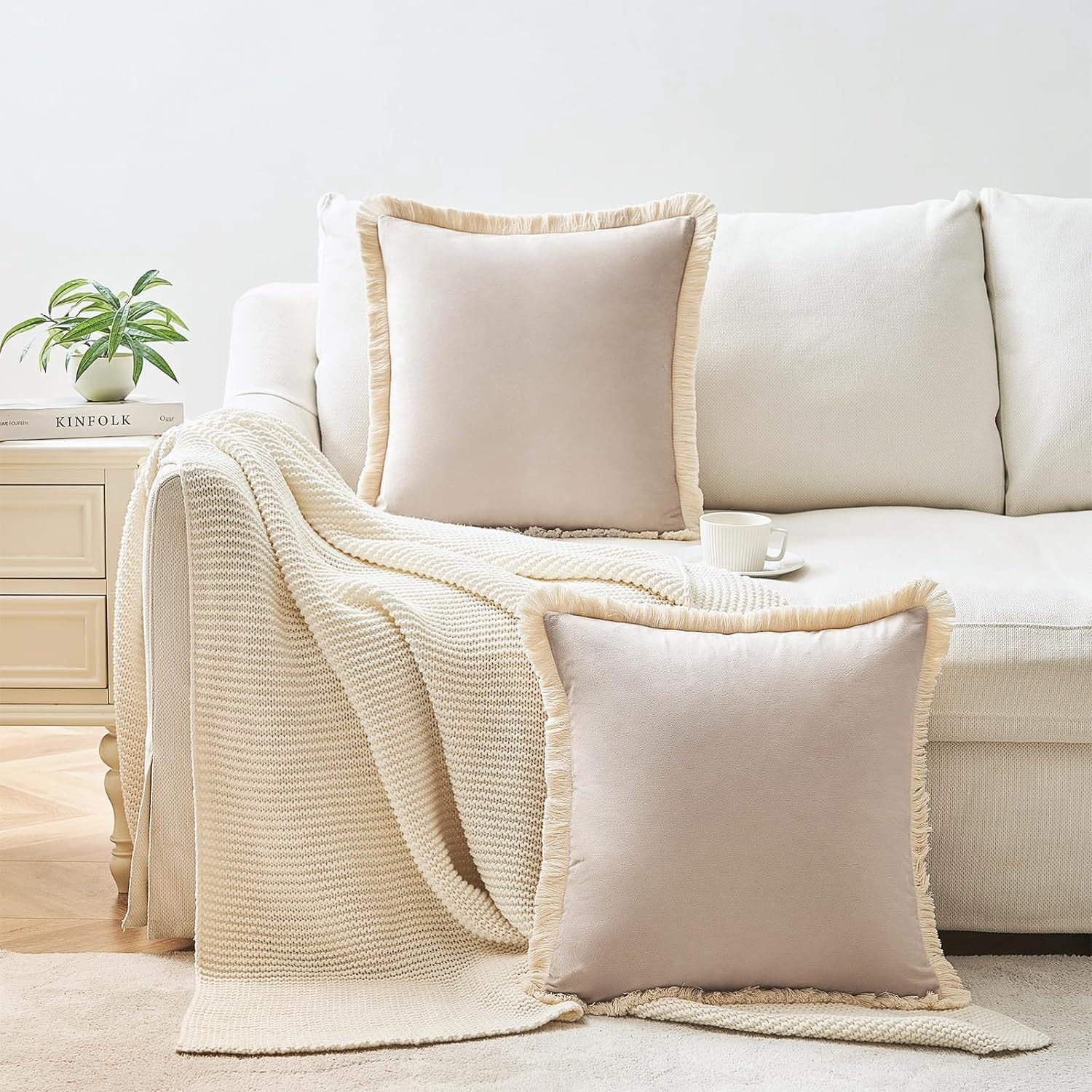 Yumcute Pillow Covers 16x16 Set of 2 Beige Throw Pillow Covers with Fringe Chic Cotton Decorative Pillows Square Cushion Covers for Sofa Couch Bed Boho Decor