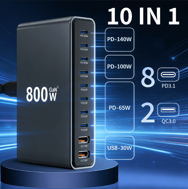 BALoFI 800W GaN III 10-Port USB-C Charging Station Dual 140W PD PPS Fast Charger Compatible with MacBook Pro/iPhone 17/Dell/HP/Samsung S24
