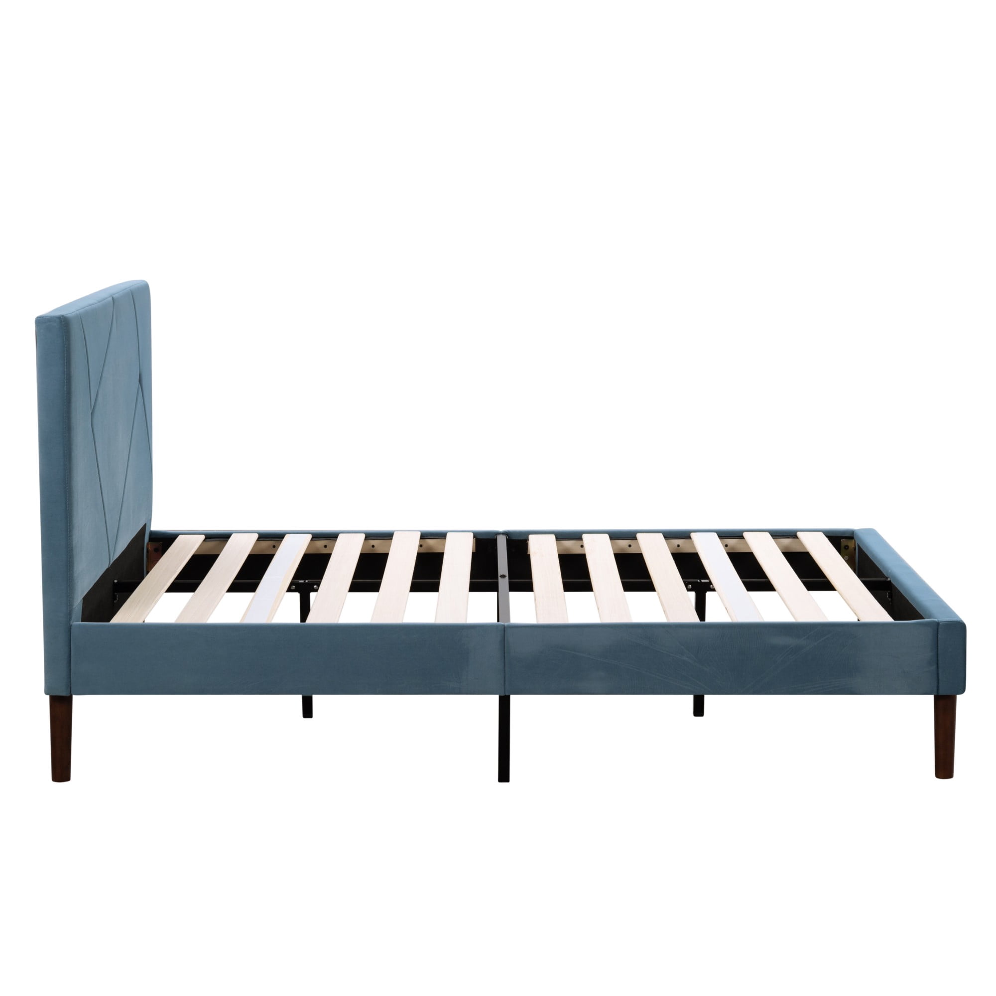 Gewnee Full Size Velvet Upholstered Platform Bed Frame with Tufted Headboard & Wood Slats, Blue for Bedroom