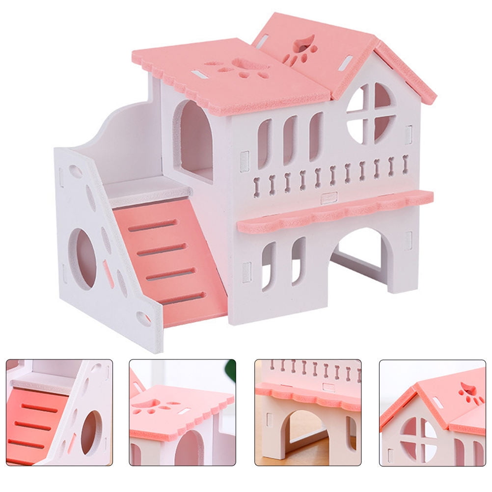 ELAYARD Double Storey Hamster House Wooden Villa Pink Pet Supplies for Home Use