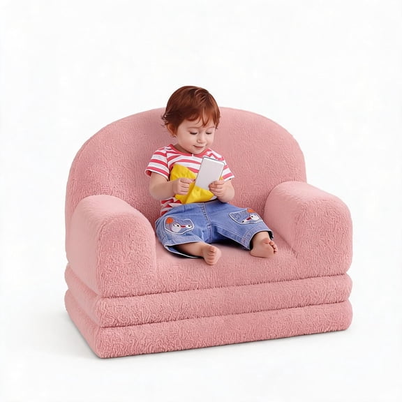 2-in-1 Convertible Sofa Chair, Soft Sherpa Toddler Couch & Lounger, Fold-Out Design, Cozy Fleece Upholstery, Removable Washable Cover, Lightweight for Playroom, Nursery, Bedroom,Pink