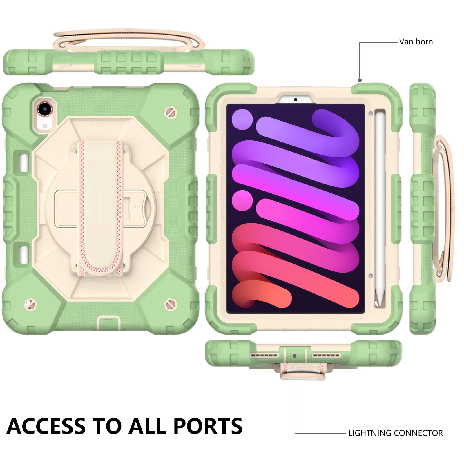 Case for iPad Mini 6 2021 8.3-inch, Kids Shockproof Rugged Hybrid 360 Rotating Stand Cover with Hand Shoulder Strap/Pencil Holder