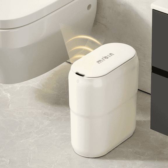 Slim Motion Sensor Trash Can for Bathroom, Automatic Compact Touchless Garbage Bin with Lid, 2.4 Gallon/9L Small Electric Waste Basket for Narrow Apartment Dorm Office, Kitchen, Bedroom, Cream White