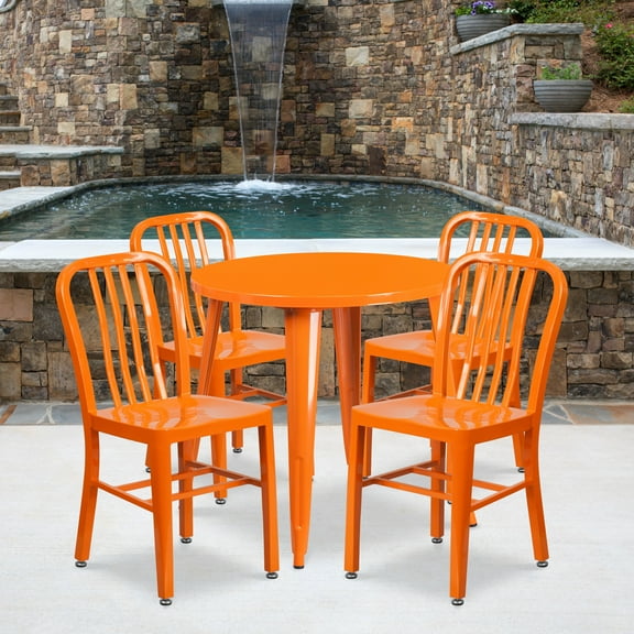 Emma   Oliver Commercial Grade 30" Round Orange Metal Table Set-4 Vertical Slat Back Chairs
