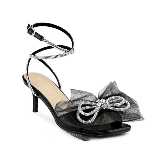 BLISSFUL STEP Rhines Bow Lace Up Rhiness Strap Kitten Heel Sandals for Women Black 7