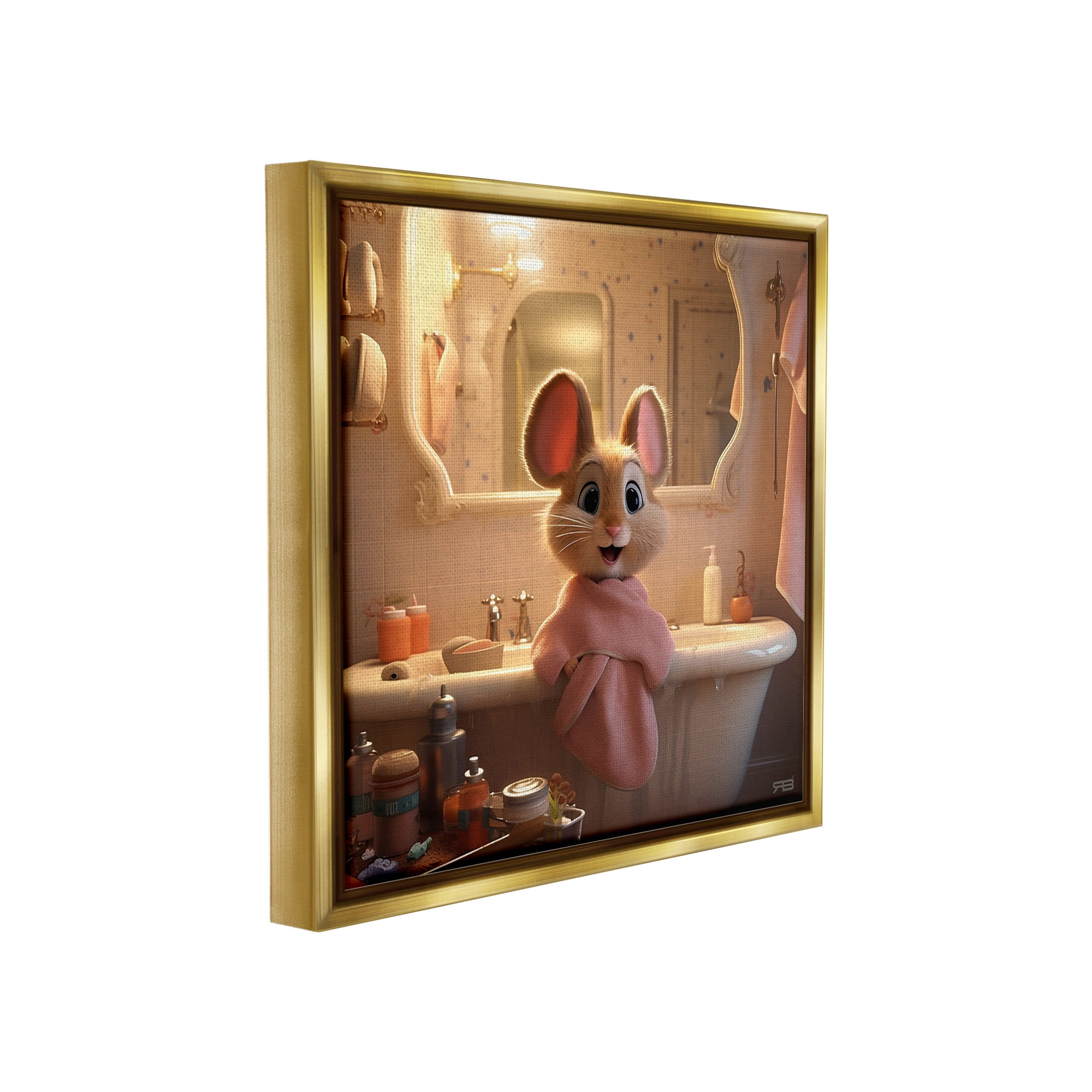 Stupell Industries Mouse in Relaxing Bath Animals & Insects Painting Gold Floater Framed Canvas Art Print Wall Art, 18 x 18