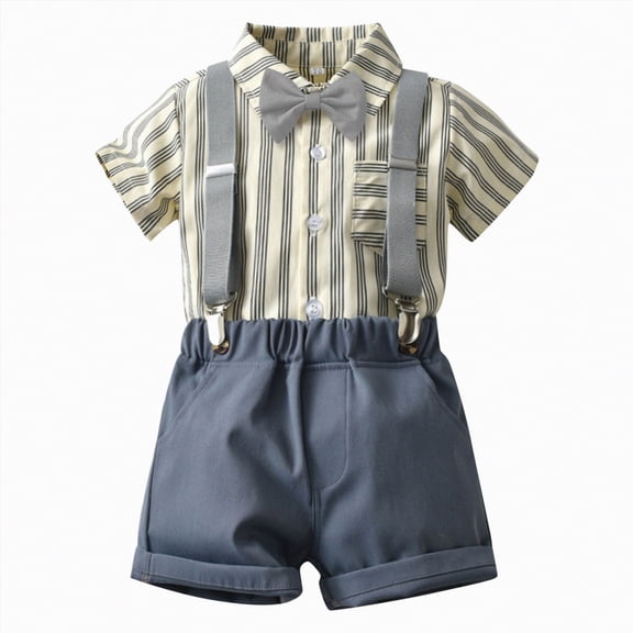 Splozh Preemie Clothes Boys Baby Boy Wedding Dress Suits Formal Baby Boy Outfits Gentleman Clothes Toddler Boys Suit Shirt,Shorts,Bow Tie 6-12 Months,Grey