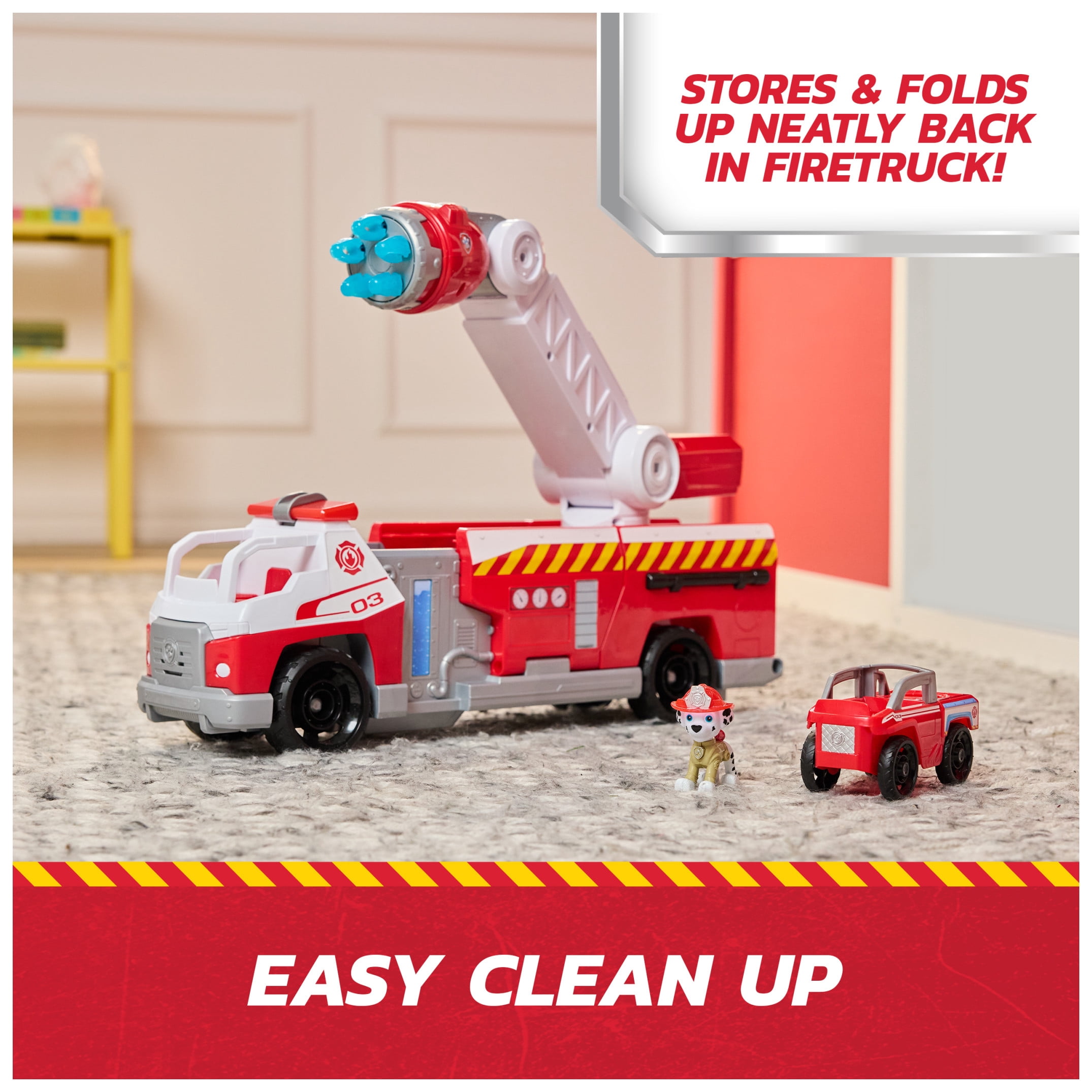PAW Patrol Fire Rescue: Rapid Reload Fire Truck with Marshall, Projectile Launcher, Mini Vehicle & Sound Fx, for Kids 3+