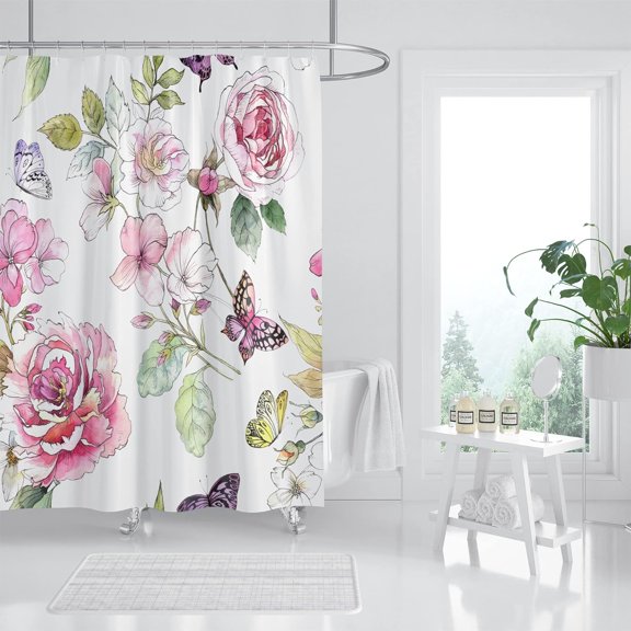 Pink Rose Shower Curtain, Floral Shower Curtain Set, Valentine Flower Shower Curtains for Bathroom, Waterproof Fabric with 12 Hooks, 72 x 72 Inches