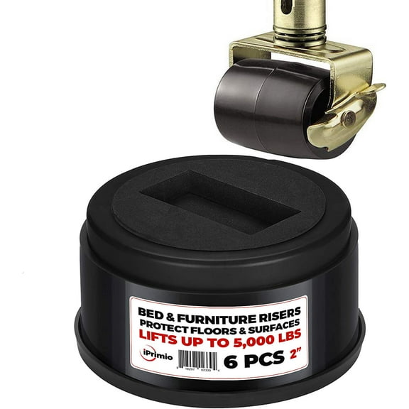 iPrimio Round Bed & Furniture Riser - 2 Inch Lift and Supports Over 5,000 Pounds - Anti Skid Foam Grip Pad for Castor Prevents Bed Rolling - For Beds, Couch, Desk, Tables, Chairs (6, Black)