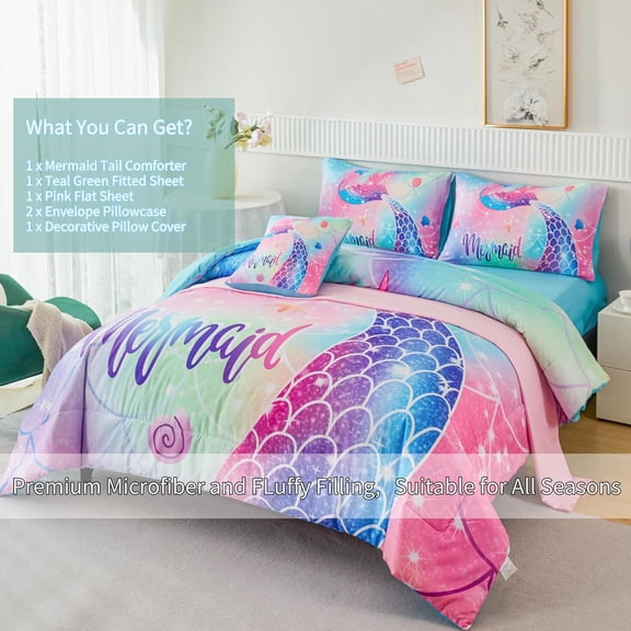 Mermaid Full Girls Bedding Set, Colorful Rainbow Kids Girls Comforter Set with Sheets Soft and Lightweight, 6 Pieces Teen Girls Bed in a Bag