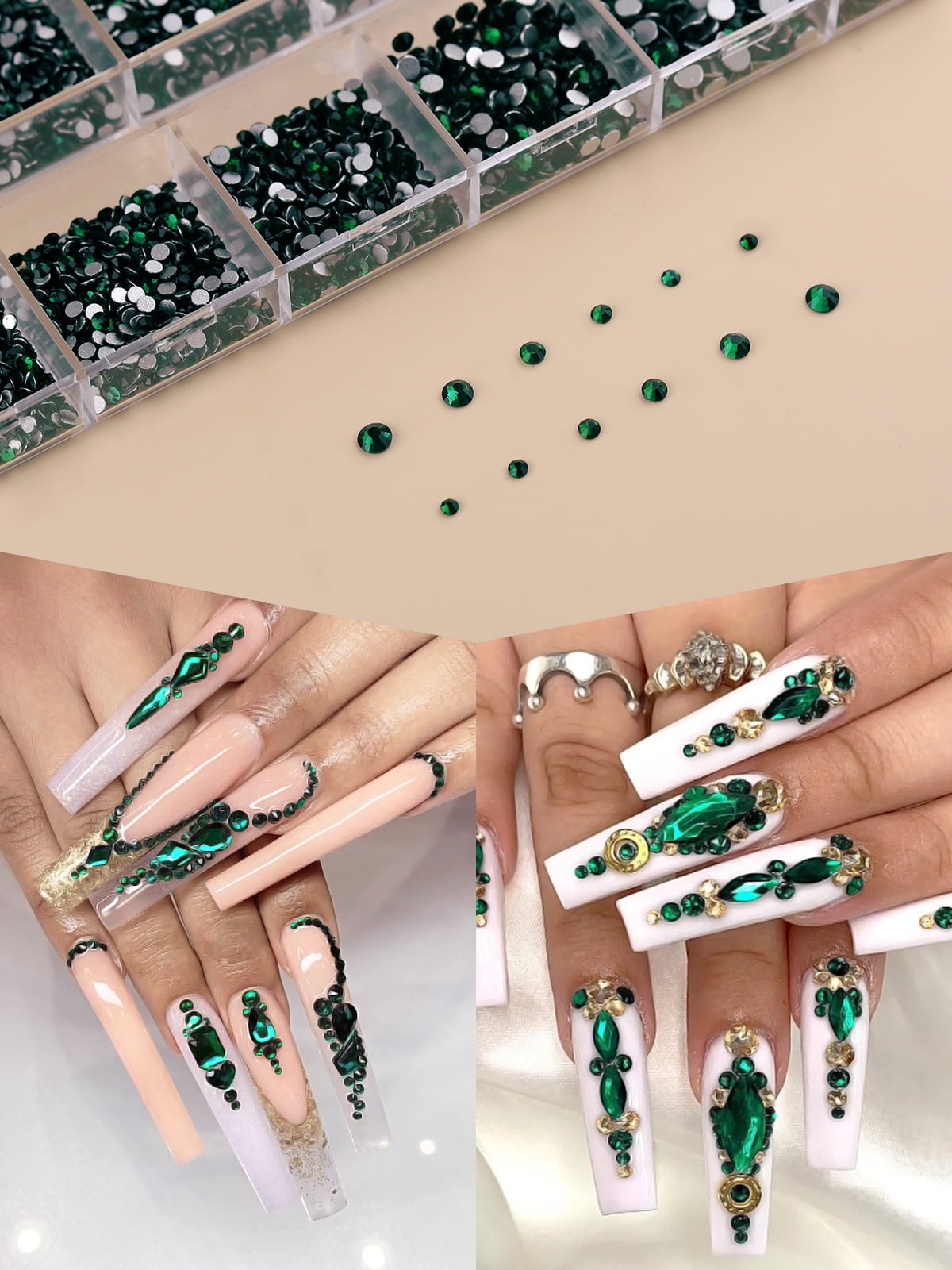 Kalolary 3120Pcs Green Nail Rhinestone Gems Kit Nail Art Crystal
