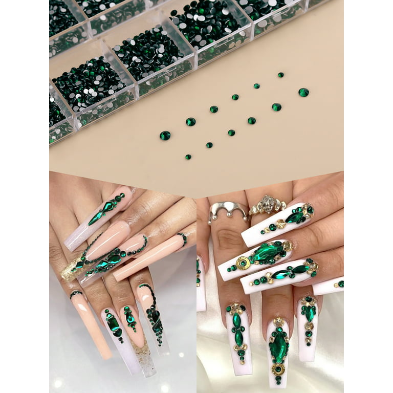 Kalolary 3120Pcs Green Nail Rhinestone Gems Kit Nail Art Crystal Flatback  Nail Jewel Gems Diamonds Jewels with Tweezers and Drill Pen