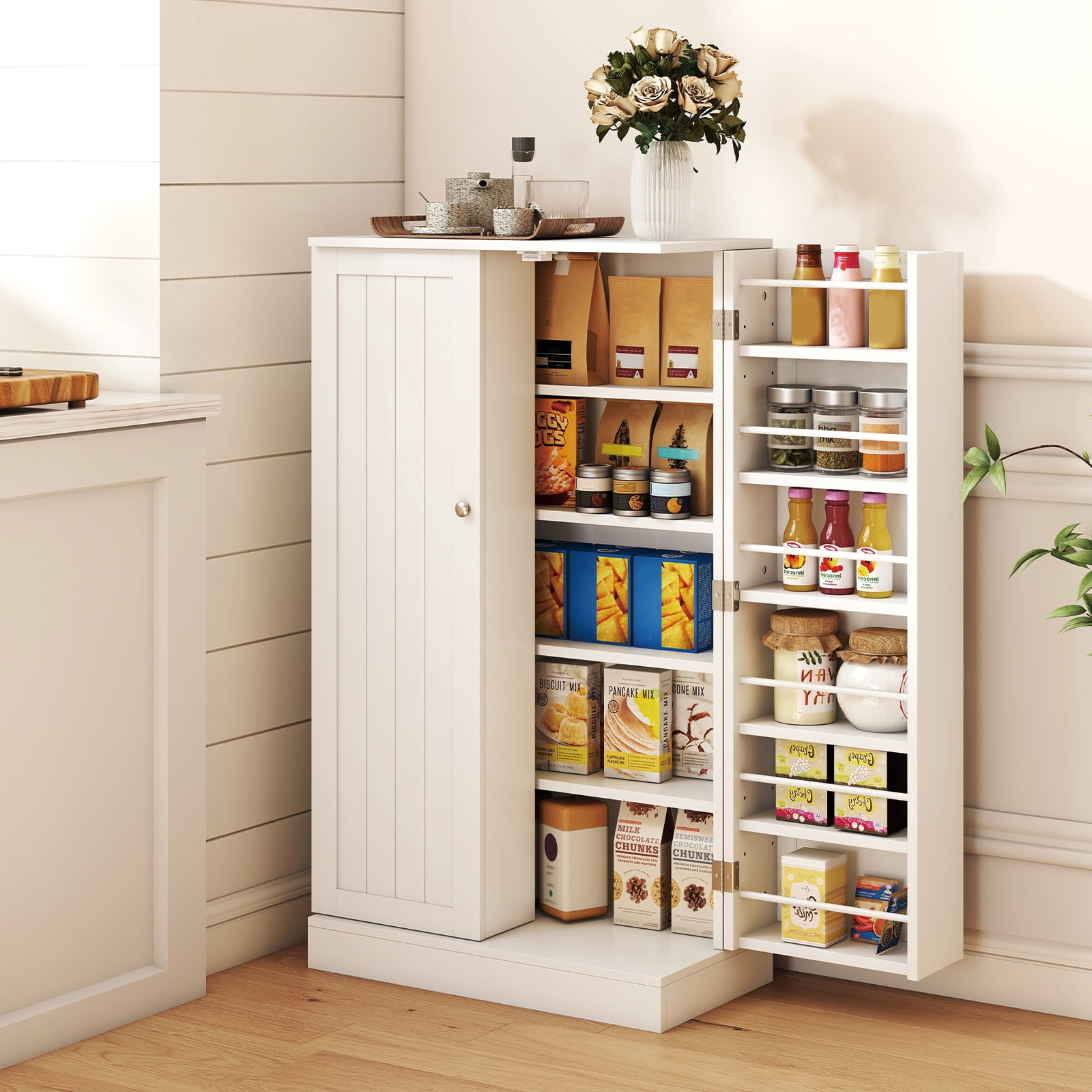 Costway 41'' Farmhouse Kitchen Pantry Storage Cabinet with Doors Adjustable Shelves White