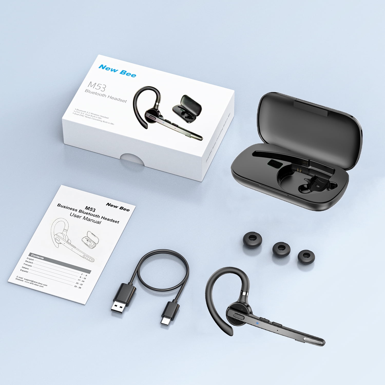 New Bee Bluetooth Headphones,V5.1 Wireless Bluetooth Earpiece, 72H Talk Time, 500mAh Charging Case, ENC Dual Mic, Dual Device Connect, Ear Hook Design, USB-C/Wireless Charging, for Work/Driving/Calls