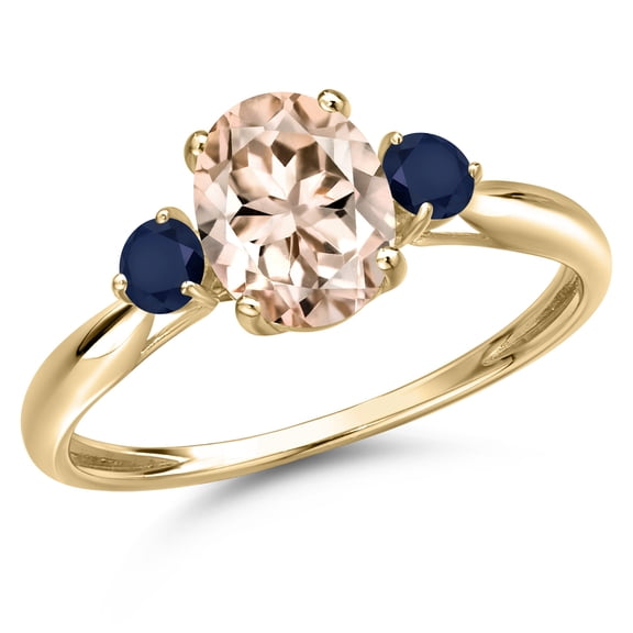 Gem Stone King 10K Yellow Gold Peach Morganite and Blue Sapphire 3-Stone Ring for Women | 1.30 Cttw | Oval 8X6MM | Gemstone October Birthstone | Size 9