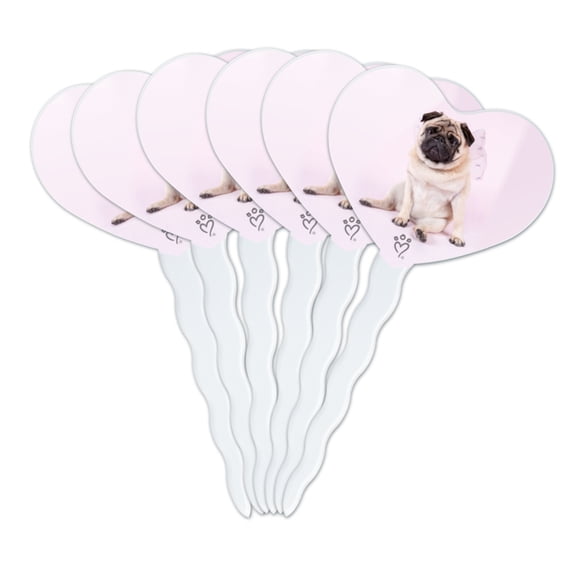 Pug Puppy Dog with Angel Wings Pink Heart Love Cupcake Picks Toppers Decoration Set of 6