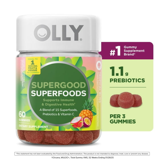 OLLY Supergood Superfoods Gummy Supplement, 15 Superfoods, Prebiotics, Vitamin C, Tropical, 60 Ct