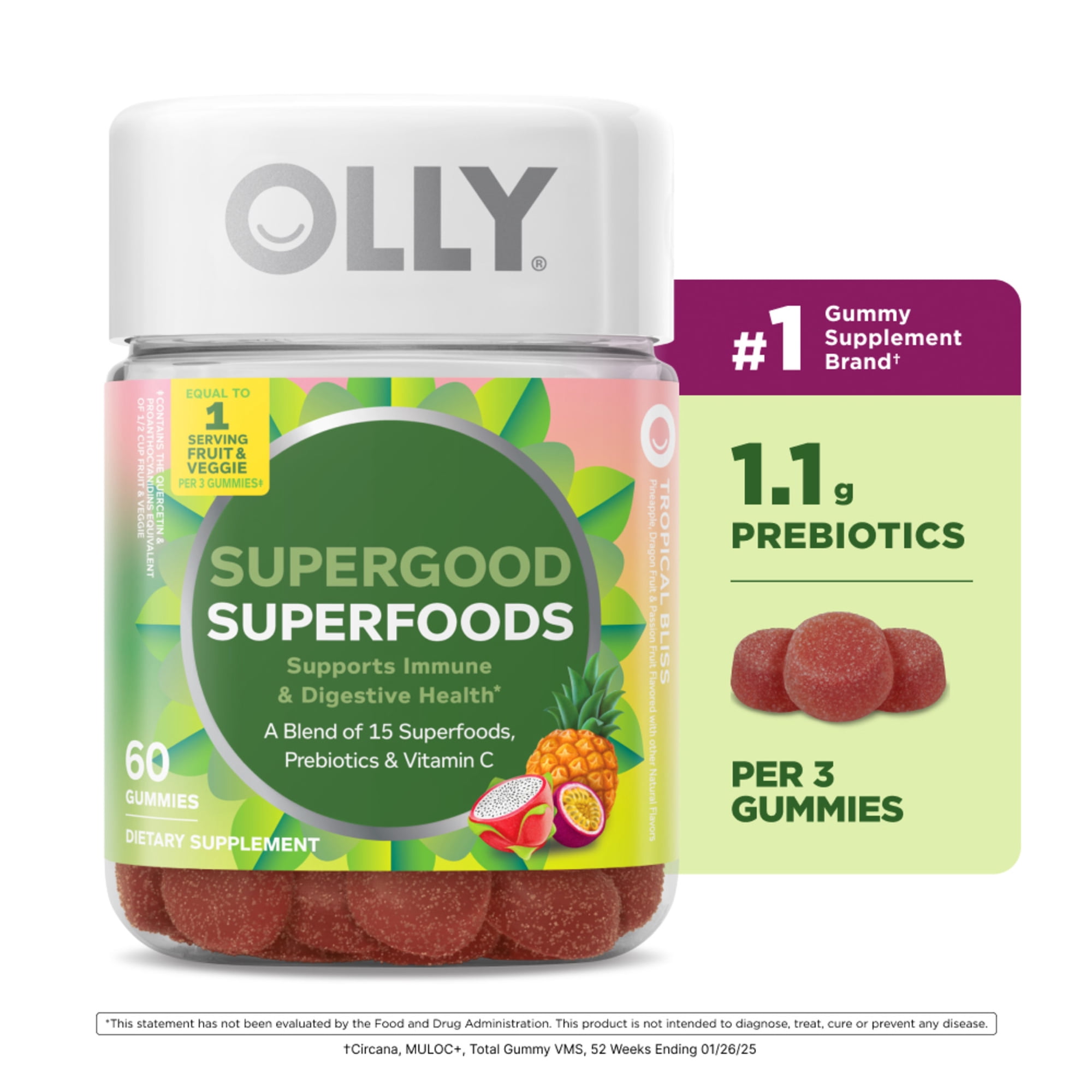 OLLY Supergood Superfoods Gummy Supplement, 15 Superfoods, Prebiotics, Vitamin C, Tropical Bliss Flavor, 60 Ct
