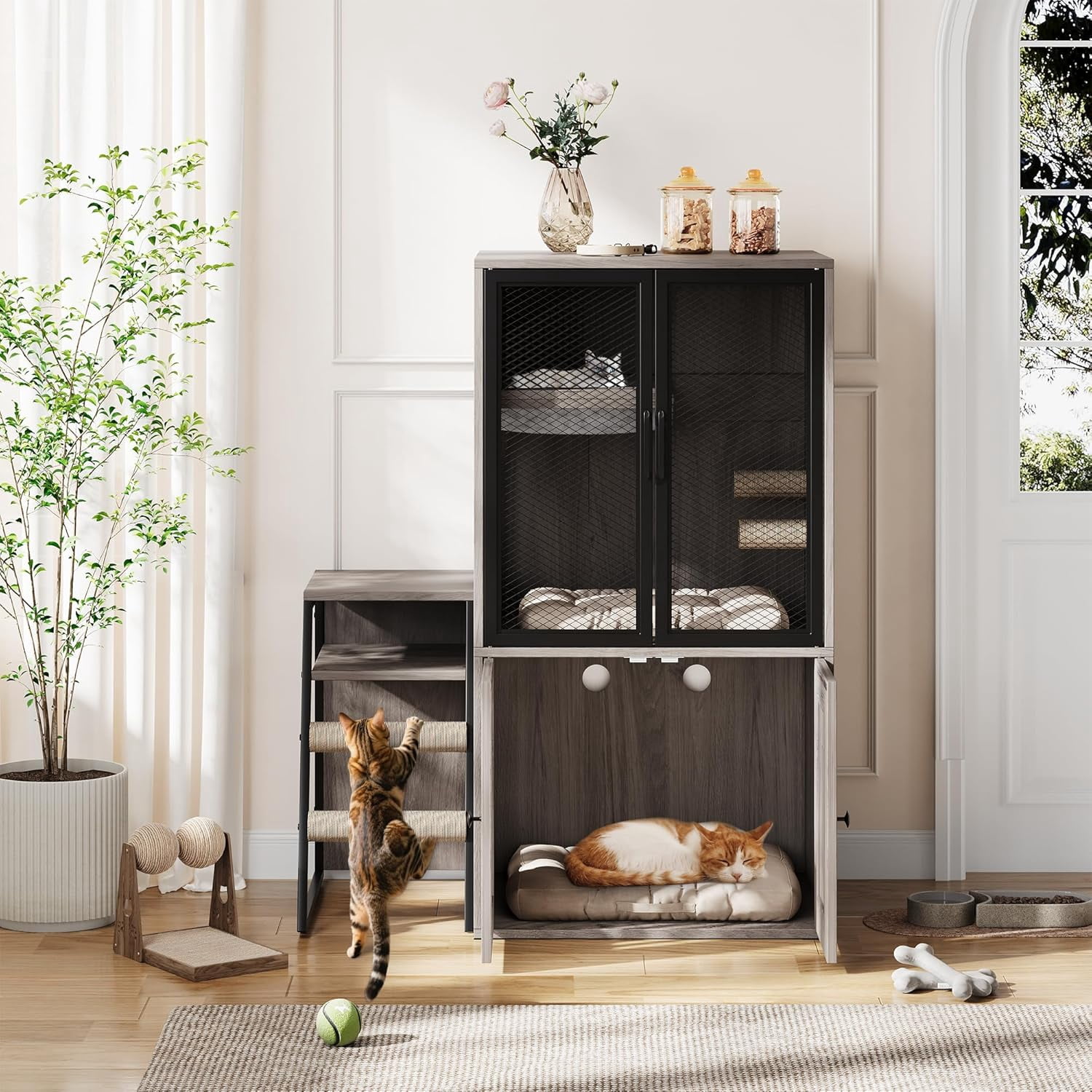 Cat Litter Box Enclosure for 2 Cats and Doors,Double Cat House with Storage Space,Enclosed Litter Box Furniture with Ladder