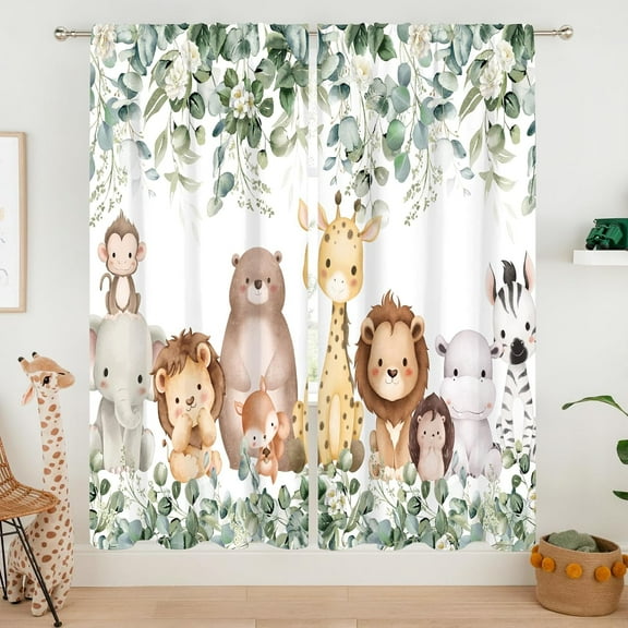 Kids Safari Animal Curtains 42Wx63H Inch Rod Pocket Cartoon Baby Boy Nursery Children Cute Lion Bedroom Window Drapes Woodland Jungle Printed Living Room Window Treatment Fabric