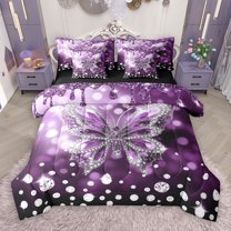 jejeloiu Cartoon Moth Butterfly 7-Piece Twin Bedding Sets,Chic Diamond Bedding Comforter Set,Purple Sliver Sheet Sets For Kids,Super Cozy Room Decor Reversible