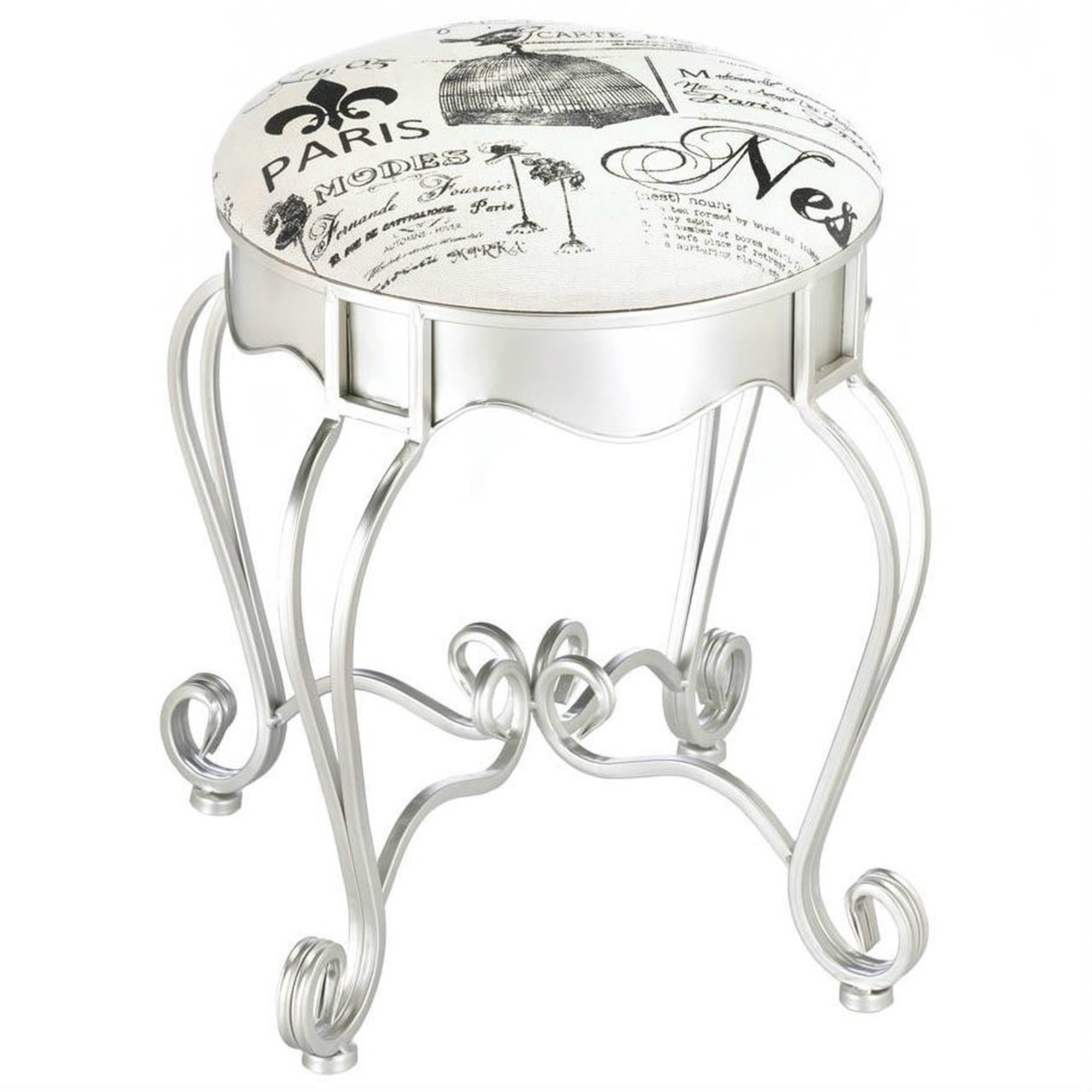 Paris Themed Cushioned Stool Seat With Accent Home Decor Vanity Silver Frame 