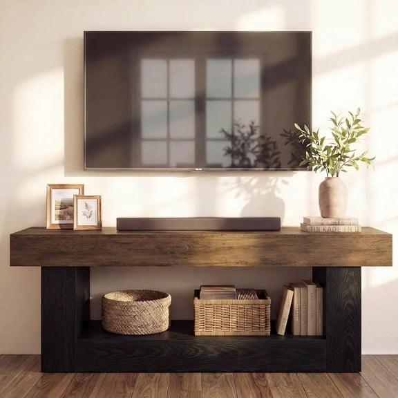Finmind 63 inch TV Stand for TVs Up to 70-inches, Modern Entertainment Center with Storage Shelf, Media TV Console for Living Room, Bedroom, Brown & Black