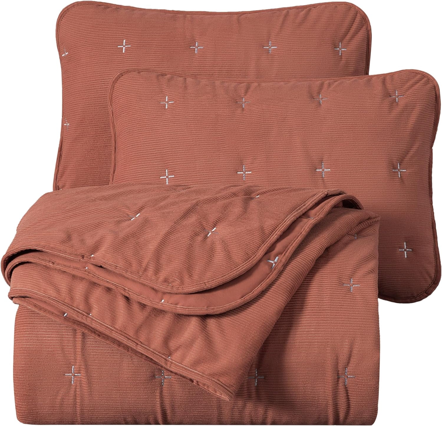 Chezmoi Collection Corduroy Queen Quilt Set Terracotta, 3-Piece Luxury Soft Cross Stitch Polyester Corduory Lightweight Bedspread, 1 Quilt 90 in x 94 in and 2 Pillow Shams 20 in x 26 in