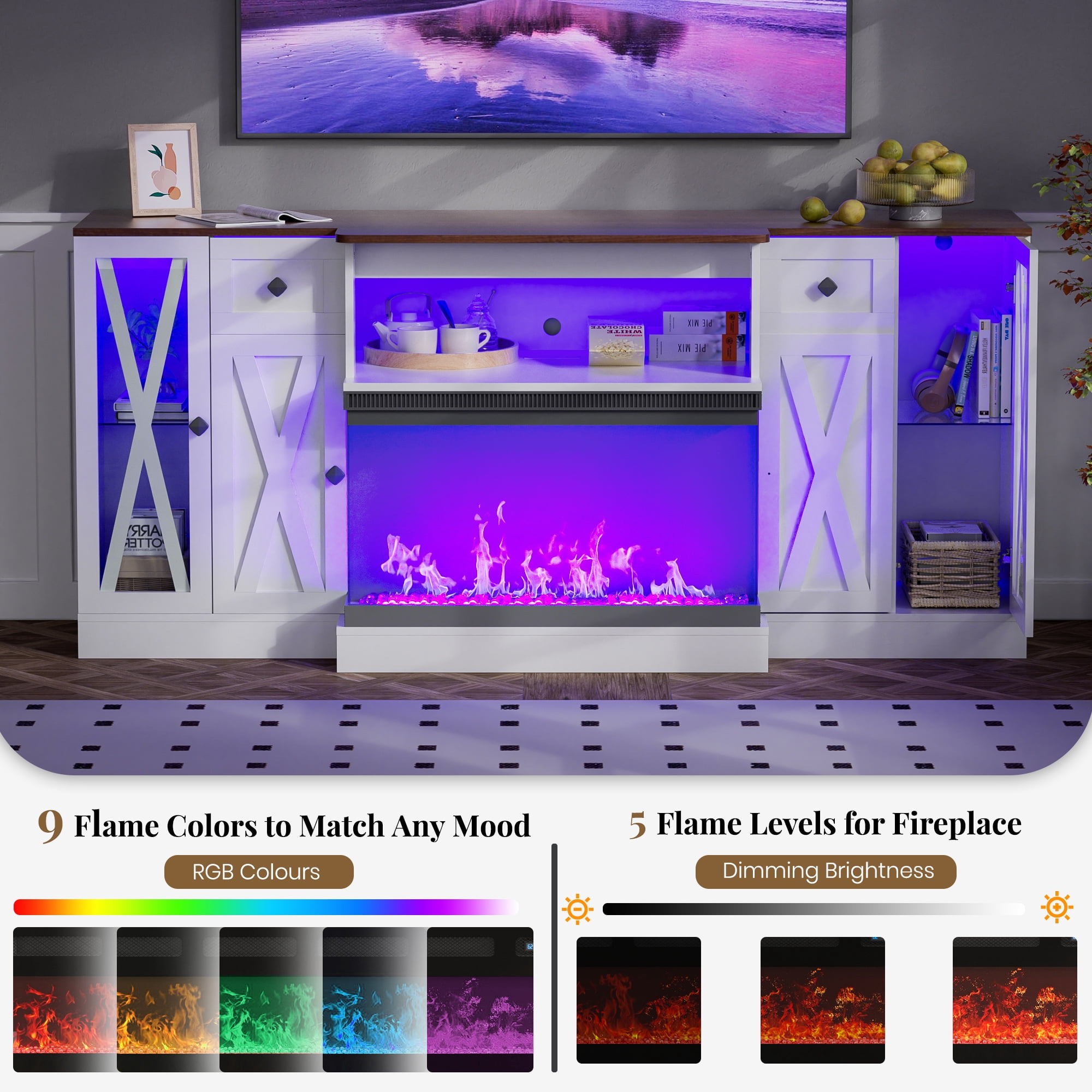 LVUYOYO 3-Sided Glass Farmhouse Electric Fireplace TV Stand, Farmhouse Entertainment Center with 36" Fireplace & LED Lights,  70'' Large TV Stands