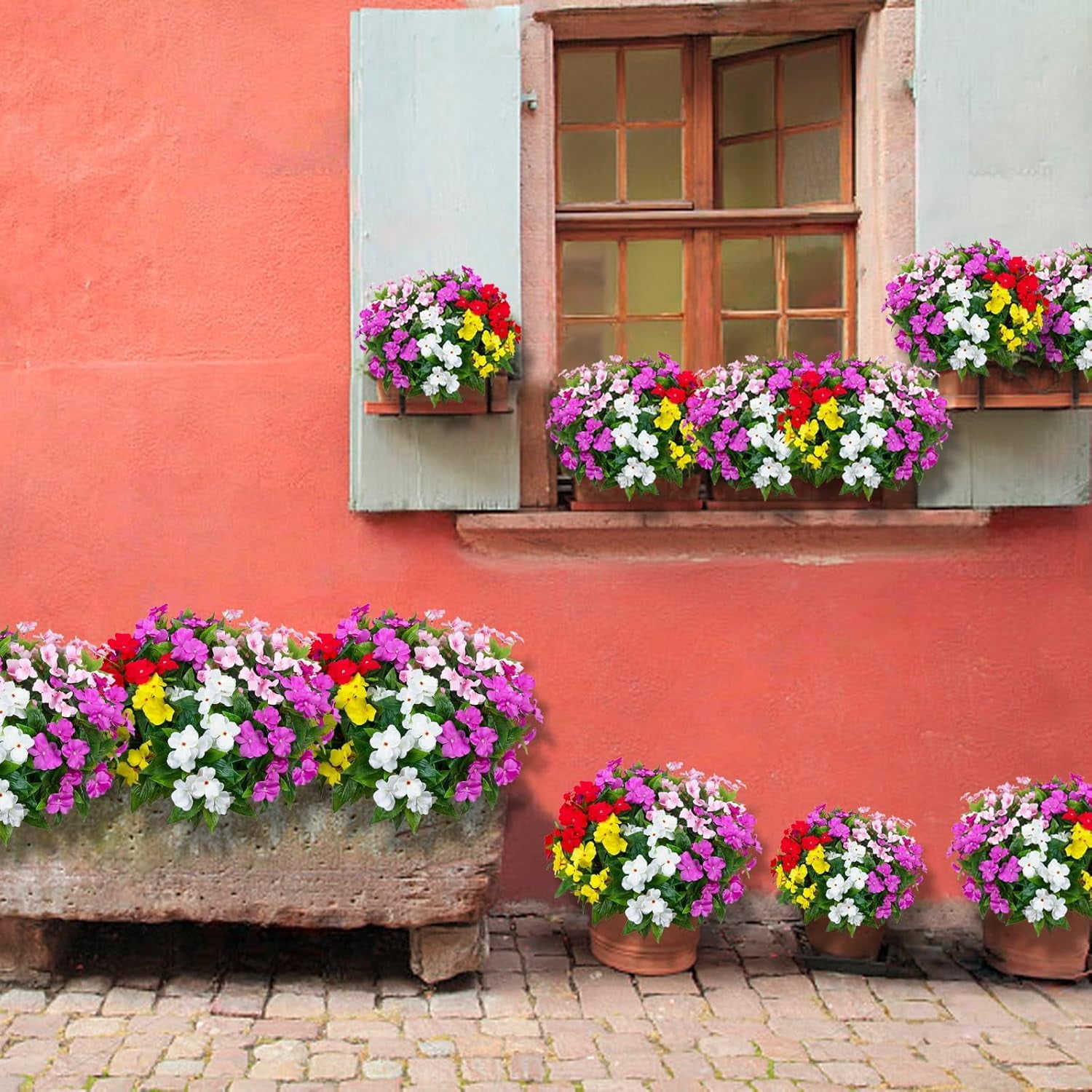 5PCS Artificial Impatiens Bouquet Flowers for Outdoors Silk Faux Flowers Fake Planters UV Resistant Summer Indoor Decor Garden Porch Patio Window Balcony (Mix Pink Red Purple Yellow White)
