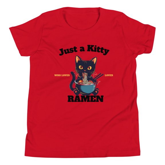 Just a Kitty That Loves Ramen Noodles Tee – Cute Cat Graphic T-Shirt, Fun Anime Food Shirt, Kawaii Neko Ramen Tee for Kids & Teens ,Youth Short Sleeve T-Shirt (Red, S)