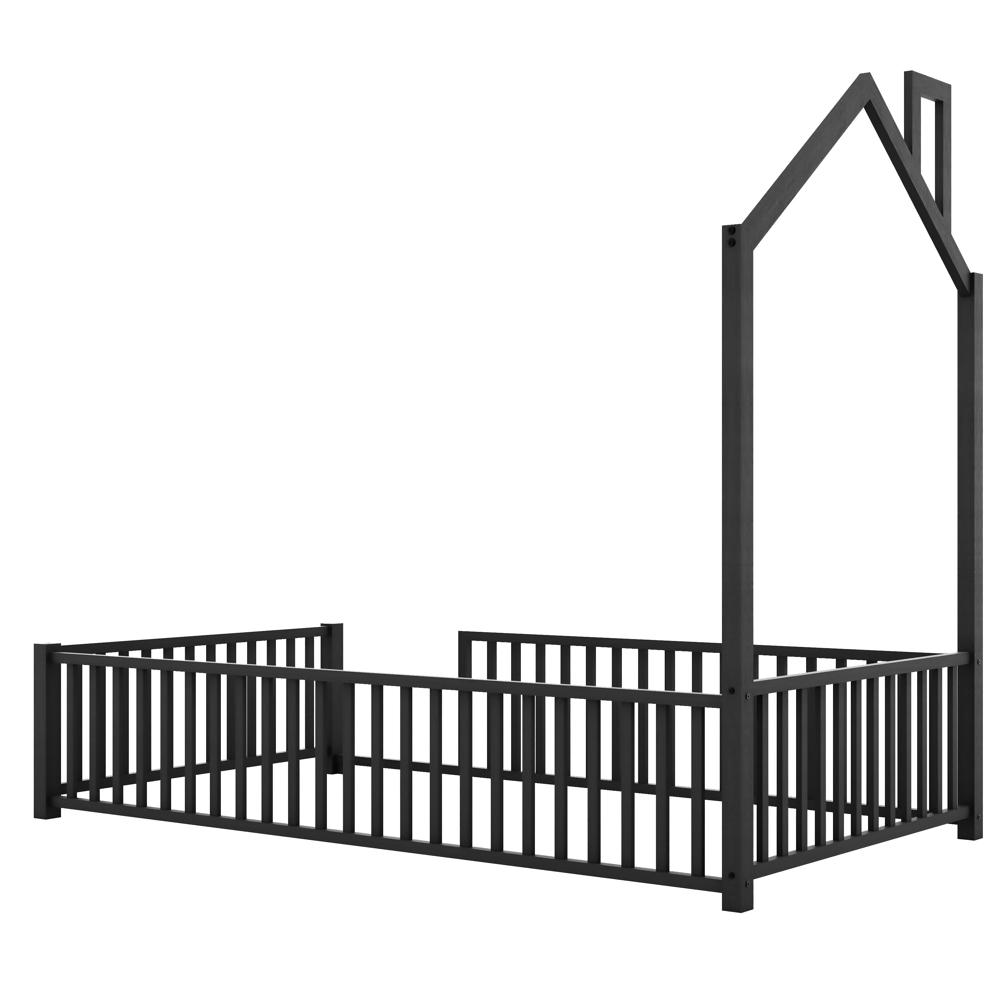 MODERNLUXE Twin Size Platform Bed Frame, House Floor Bed with Guardrail and Chimney, Black
