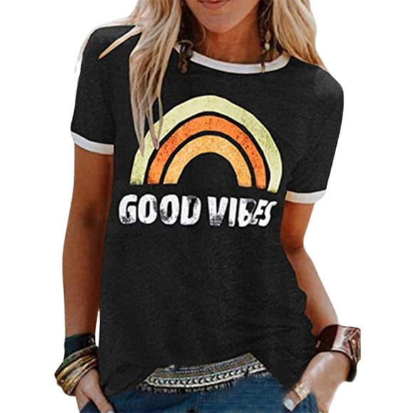 Women Rainbow Good Vibes Print Short Sleeve Crew Neck T-shirt Casual Pride Day Tee Tops
