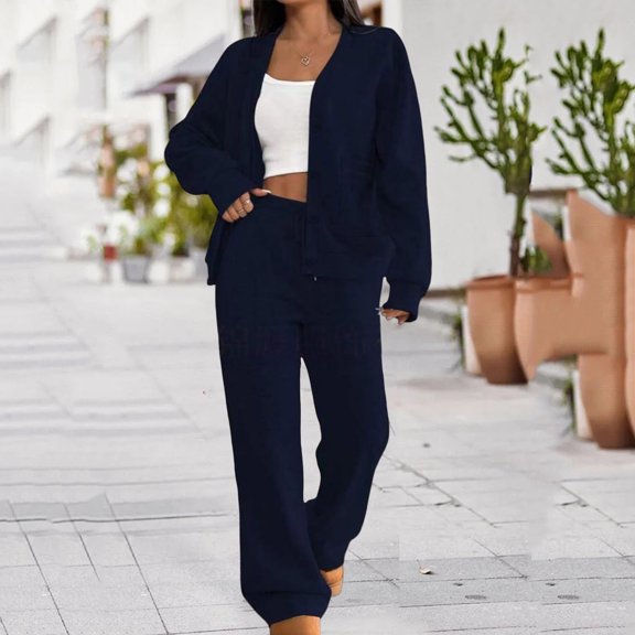 YueHuiYing Women's 2 Piece Outfits Lapel Long Sleeve Sweatshirt Wide Leg Pants Matching Tracksuit Sets