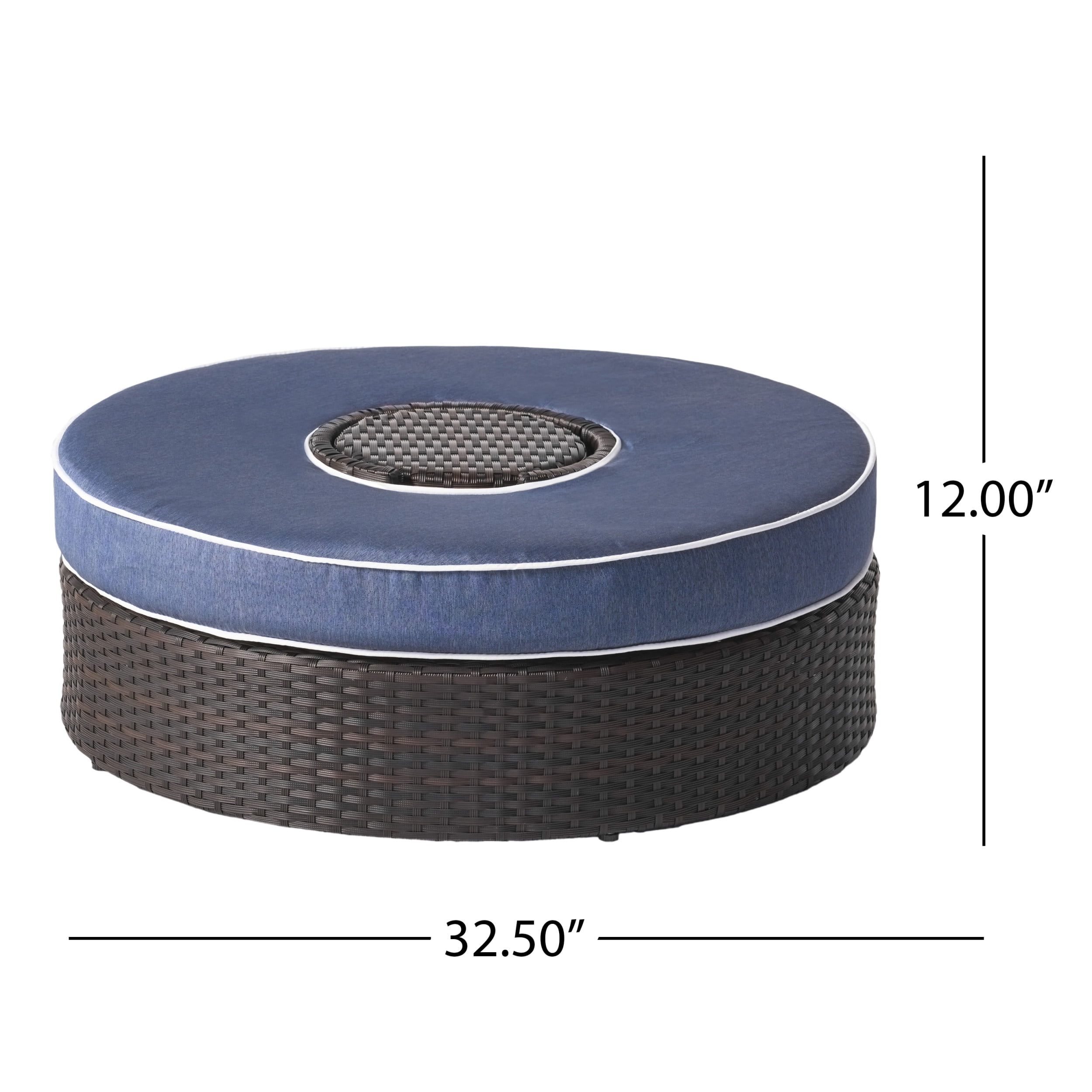 Navagio Wicker Outdoor Ottoman with Ice Bucket, Brown and Navy Blue
