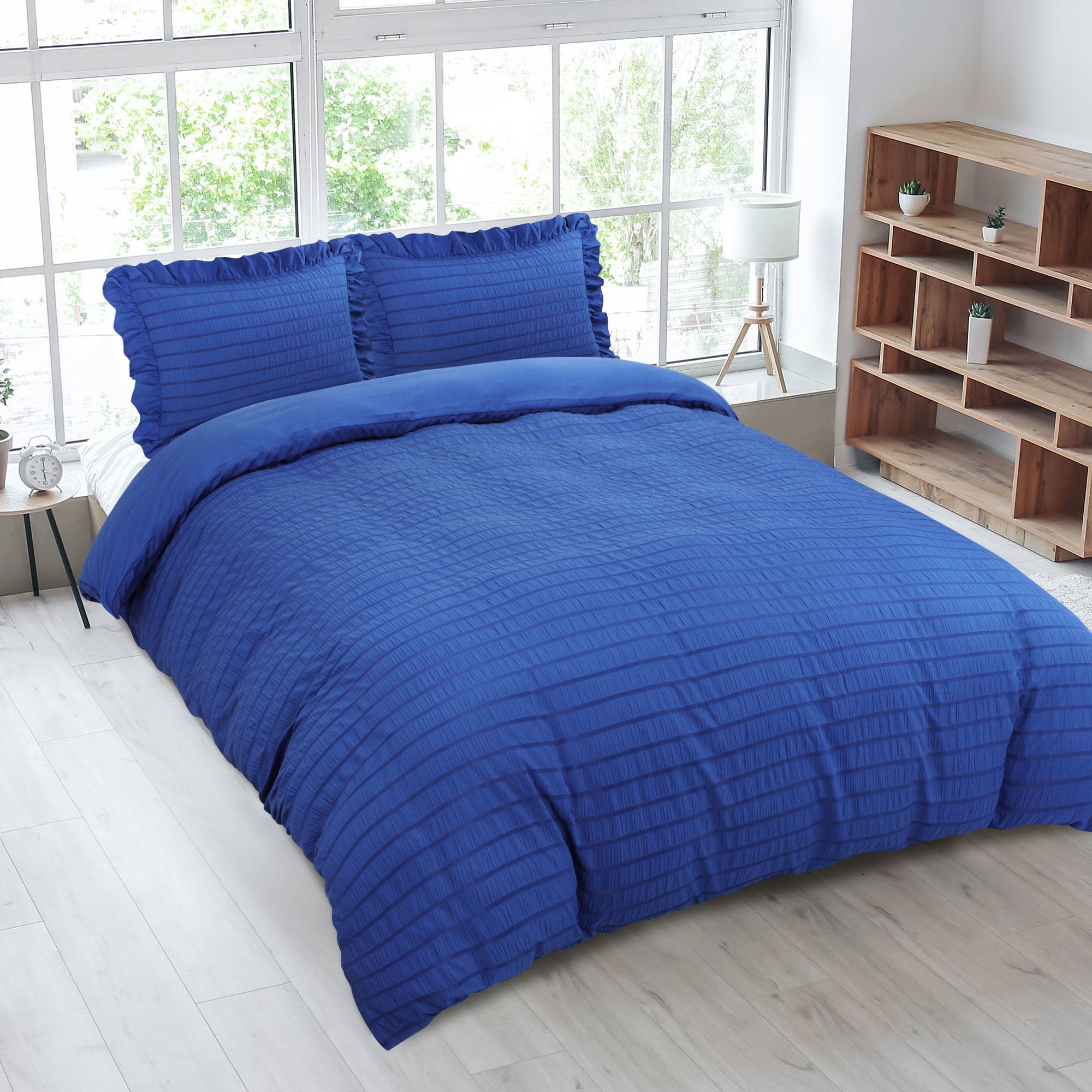 PiccoCasa Soft Microfiber 3 Pieces Queen Seersucker Adult Duvet Cover Set Royal Blue