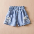 thumbnail image 5 of Glisme Girls Shorts Denim Shorts With Bow Flower Decorations Stretchy Elastic Waist Casual Summer Shorts For Toddler Kids Lightweight And Breathable Dark Blue Shorts Size 6-7 Years, 5 of 6