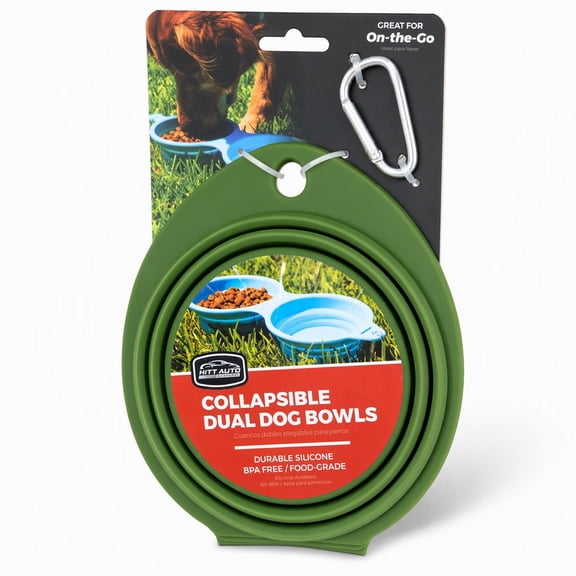 Hitt Auto Collapsible Compact Silicone Travel Bowl with Carabiner Clip for Dogs, Green