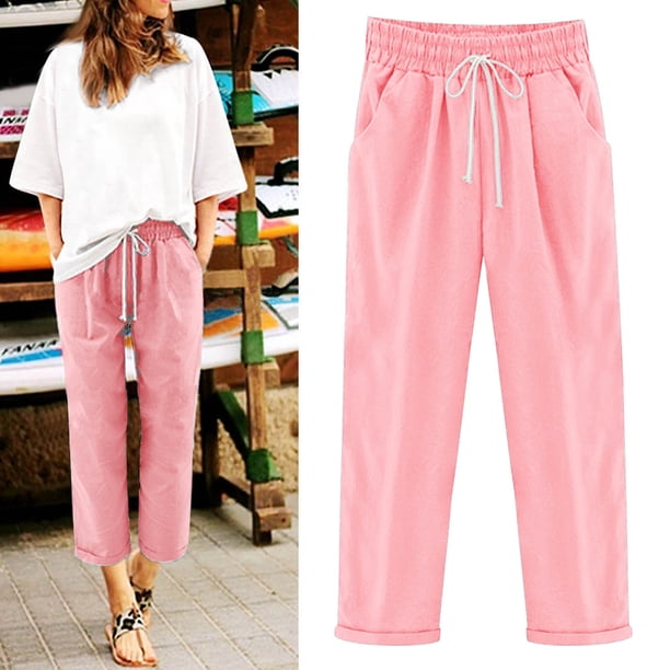 Pntutb Pantalones de algodón y lino elásticos de color sólido informales a la moda para mujer Pntutb Pntutb-5199