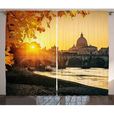 Ambesonne Fall Curtains 2 Panel Set, Sunset Tiber River Rome, 108" x 84", Marigold Yellow Black
