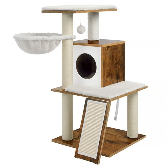 FEANDREA WoodyWonders Cat Tree, Modern Cat Tower, Wood Cat Condo Furniture with Scratching Posts and Dangling Balls, Walnut Color