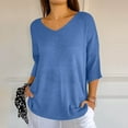 thumbnail image 6 of Jewelreauty Elbow Length Knit Tops for Women Casual V Neck Plus Size Tunic Tees Summer Half Sleeve Solid Color Shirts (M, Blue), 6 of 9