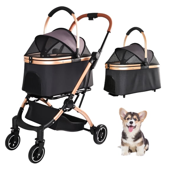 2-in-1 Pet Stroller for Dogs and Cats, Detachable Foldable Pet Carrier, One-Hand Quick Fold, 4 Wheels, Sun Canopy, Storage Basket - Black