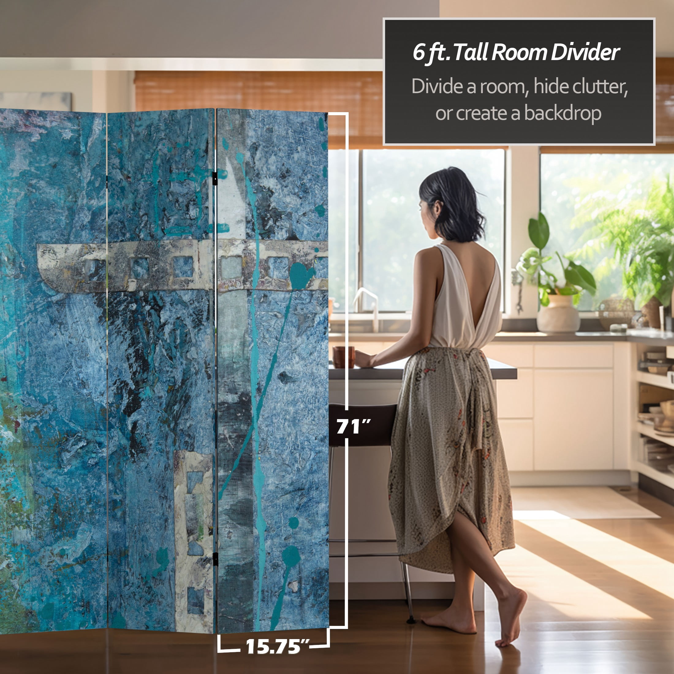 Oriental Furniture 6 ft. Tall Blue Dream Canvas Room Divider - 3 Panel